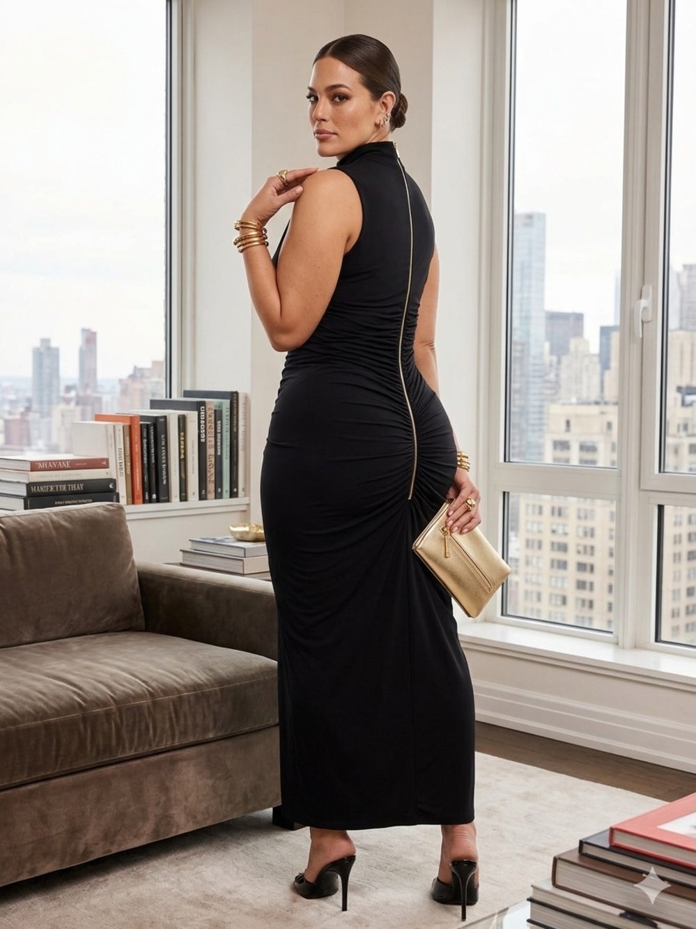 Ashley Graham Sleeveless Black Ruched Maxi Dress with Back Zip